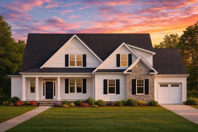 Front exterior view of a New American Traditional Suburban house with lap siding, stone accents, gabled rooflines, and attached garage