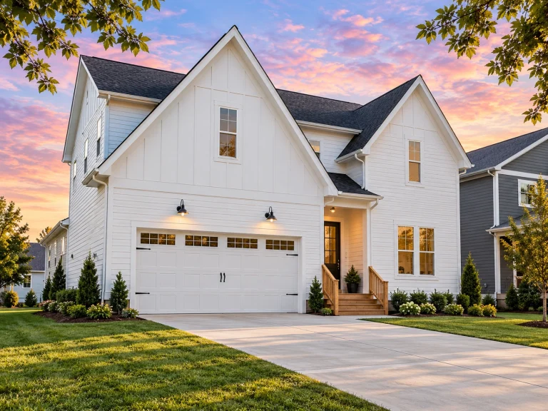 Modern Suburban House Plans 19 Front elevation of a Modern Farmhouse home with white board and batten siding, gable rooflines, black windows, and a two-car front-entry garage