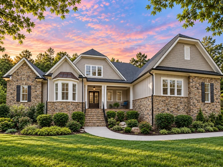 Front elevation of a Traditional Suburban home with brick exterior, horizontal siding, gabled rooflines, and landscaped entry