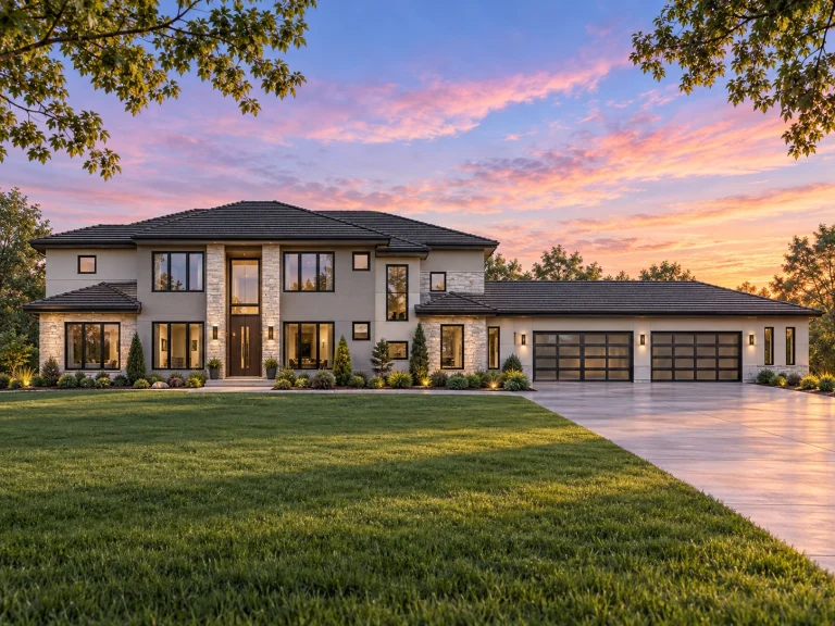 Front elevation of a luxury Modern Farmhouse home featuring board and batten siding, stone accents, expansive windows, and an attached multi-car garage