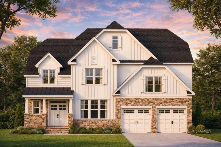 Front elevation of a Modern Farmhouse style home with board and batten siding, brick accents, gabled rooflines, and a two-car garage