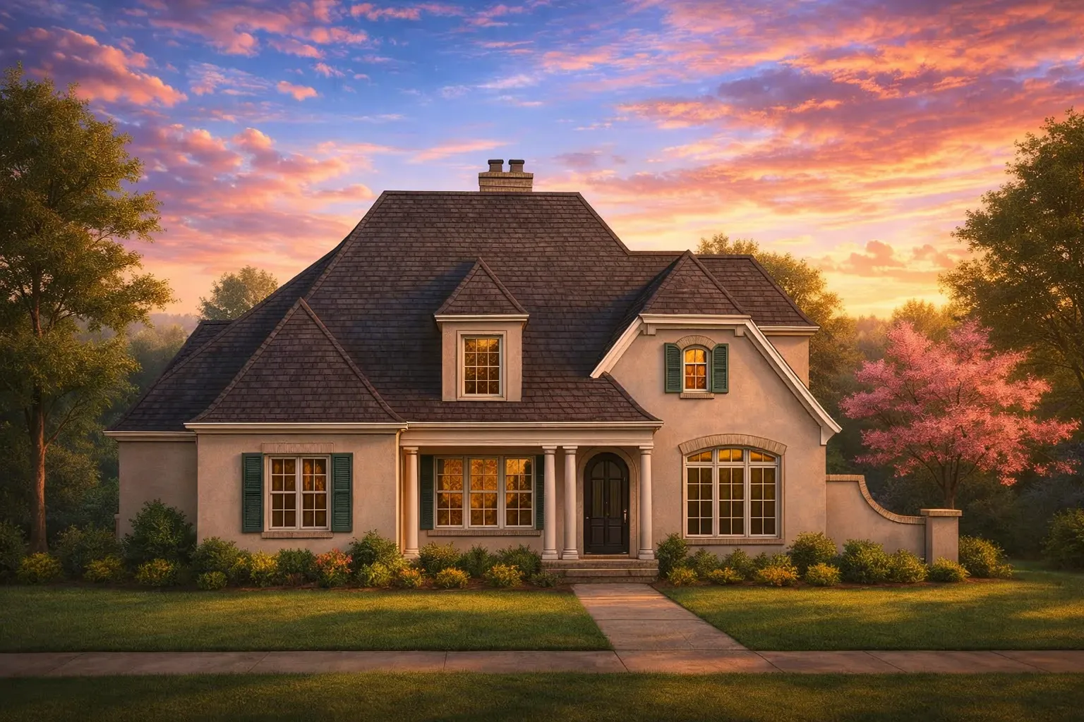 Front elevation of a French Country style home with stucco exterior, steep hipped roof, symmetrical windows, and warm European architectural details