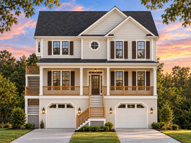 Front elevation of a New American Traditional Colonial style home with horizontal siding, shutters, and dual garage
