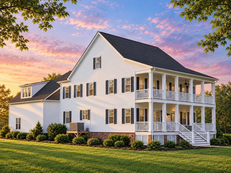 Barndominium House Plans 9 Front elevation of Low Country Charleston style home with double stacked porches, lap siding, brick pier foundation, and symmetrical Southern architecture