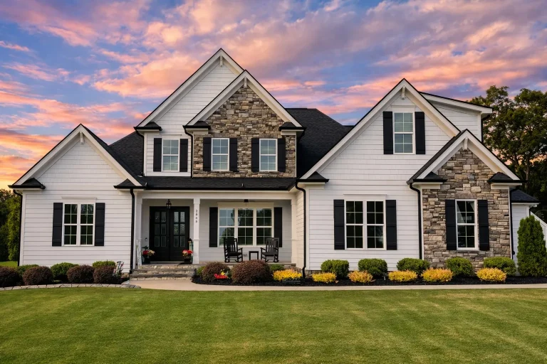Front elevation of a New American style home with horizontal siding, stone veneer accents, black shutters, and a welcoming covered porch