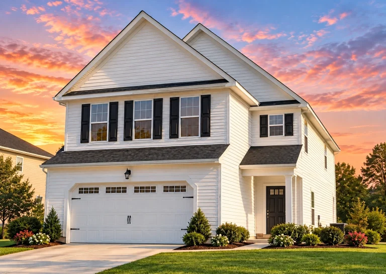 Affordable House Plans 5 Front elevation of a Tudor Revival style two-story home featuring a combination of brick, board and batten, and horizontal siding exterior with arched entry and gabled roofline