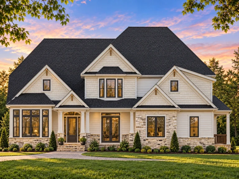 House Plans with Outdoor Kitchen 17 Front exterior of a New American traditional house with horizontal siding, stone base, symmetrical gables, and covered entry porch