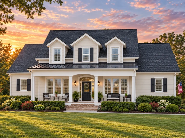 House Plans with Outdoor Kitchen 24 Front elevation of a Southern Colonial style home with white lap siding, black shutters, dormer windows, and a full-width covered porch