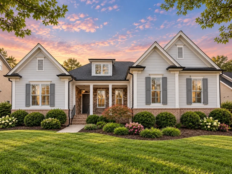 Front elevation of Traditional Suburban Cape Cod style house with horizontal lap siding, gabled rooflines, dormers, and covered front porch