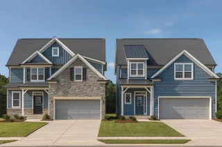 Front elevation of a Traditional Modern Farmhouse featuring stone facade, board-and-batten siding, and two-car garage with dark doors