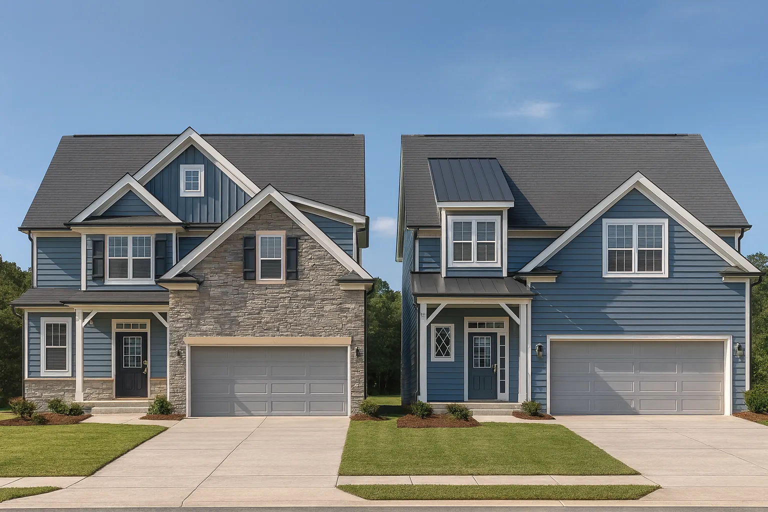 Front elevation of a Traditional Modern Farmhouse featuring stone facade, board-and-batten siding, and two-car garage with dark doors