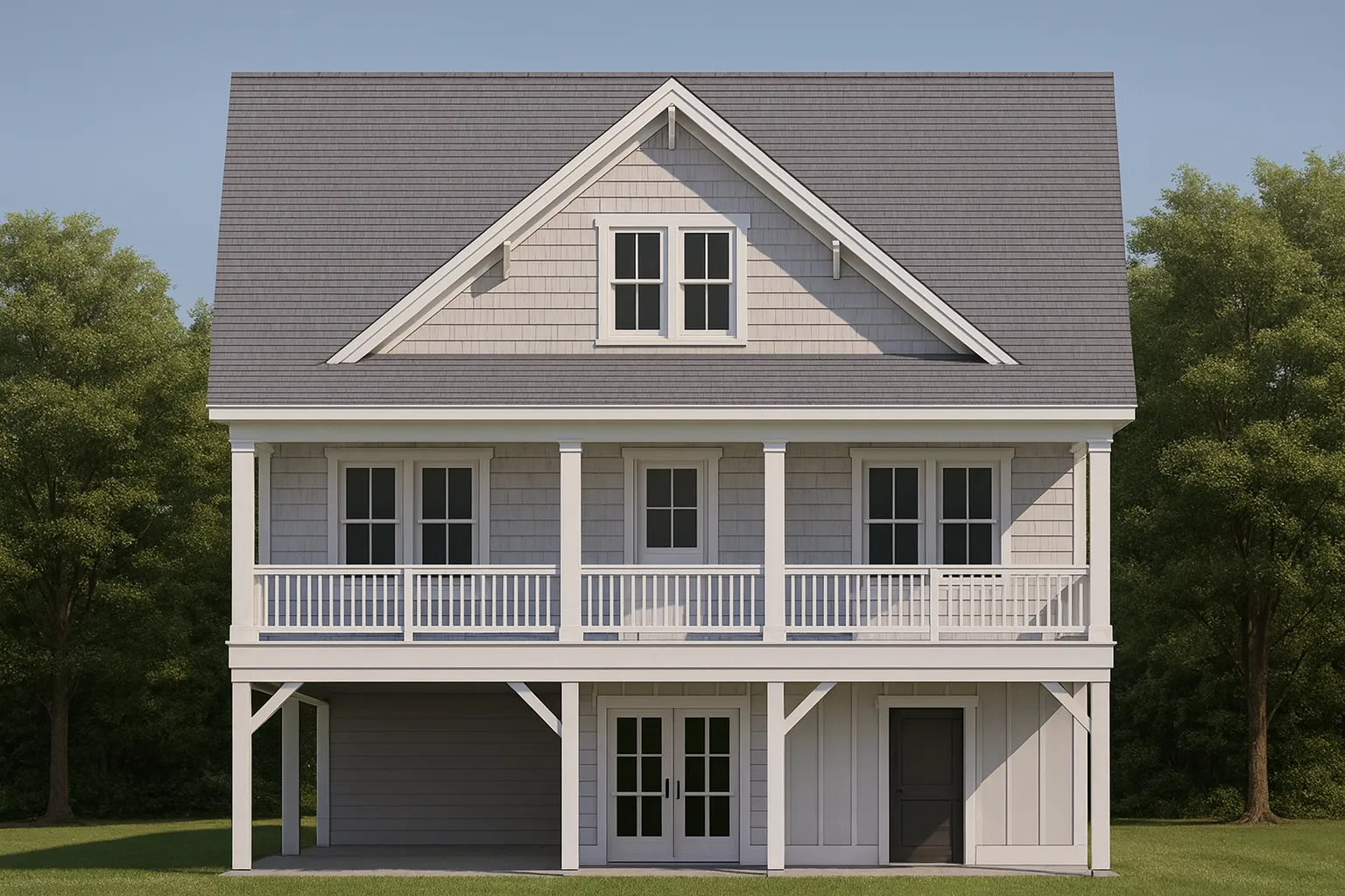 Front elevation of a Traditional Colonial home featuring horizontal siding, shingle gable detailing, symmetrical windows, and a covered entry