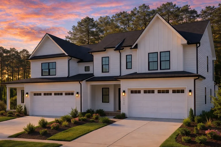 Front elevation of a modern farmhouse style home with white board-and-batten siding, black windows, twin garages, and a covered porch