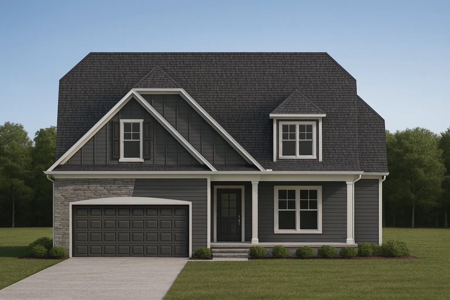 Front view of a Modern Farmhouse home featuring board and batten siding, stone accents, and a classic suburban roofline