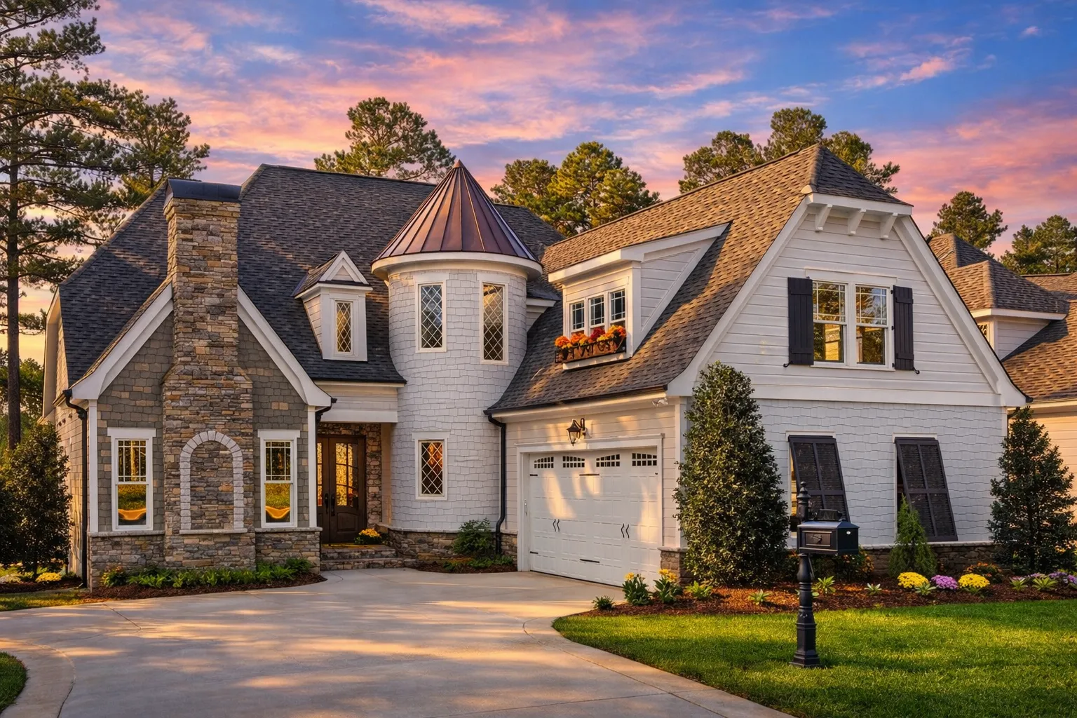 House Plans 3 Front view of a French Country Tudor Revival home featuring stone and horizontal siding, steep rooflines, and a turreted entry for timeless European charm