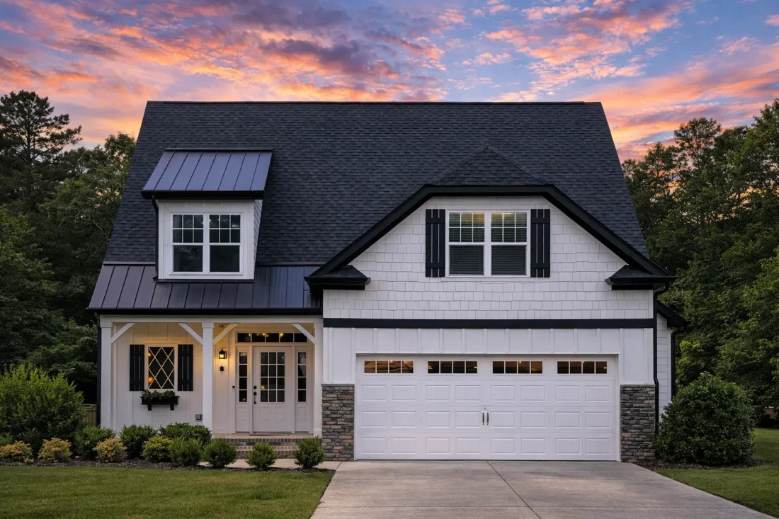 Front elevation of a Traditional Modern Farmhouse featuring stone facade, board-and-batten siding, and two-car garage with dark doors