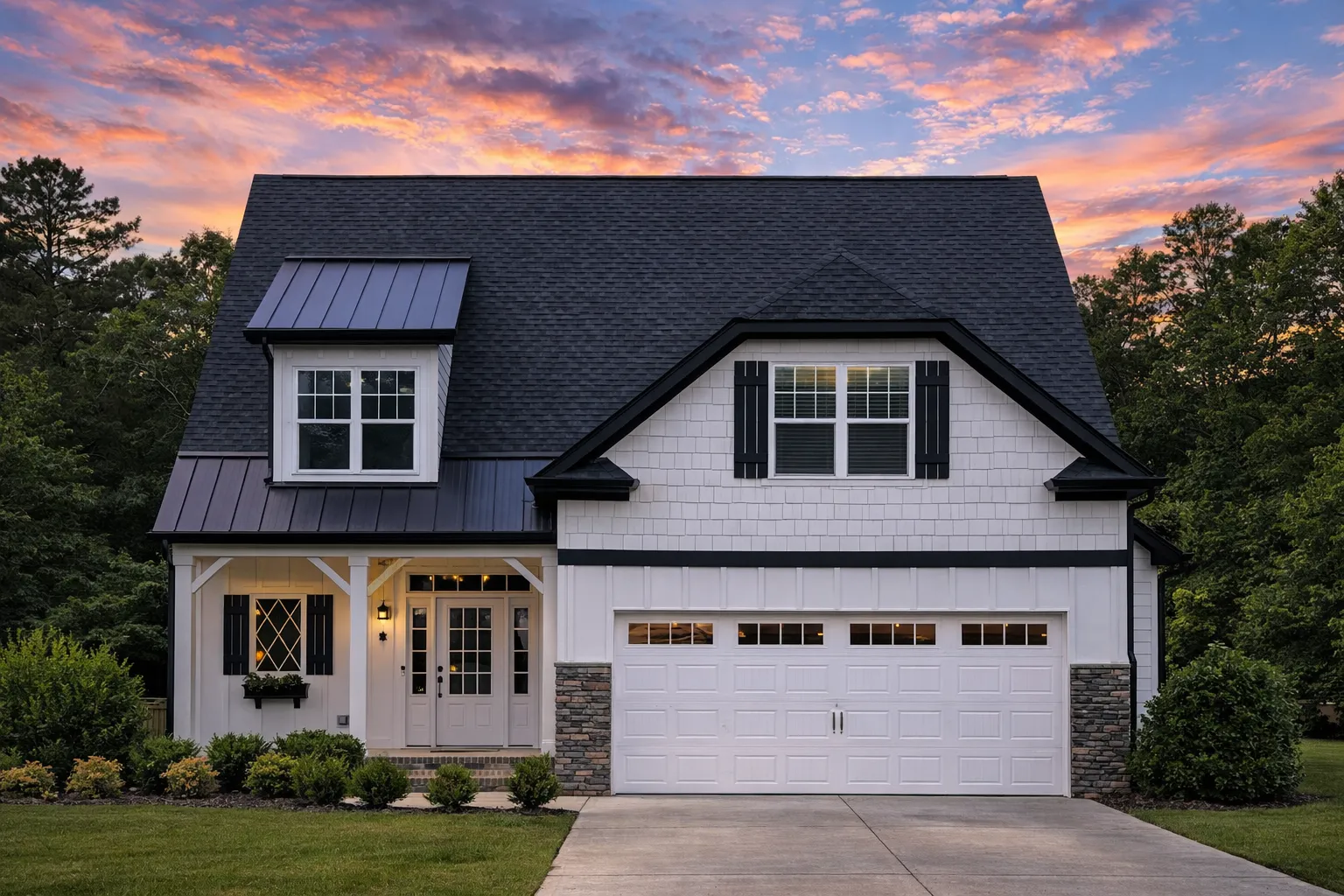 Front elevation of a Traditional Modern Farmhouse featuring stone facade, board-and-batten siding, and two-car garage with dark doors