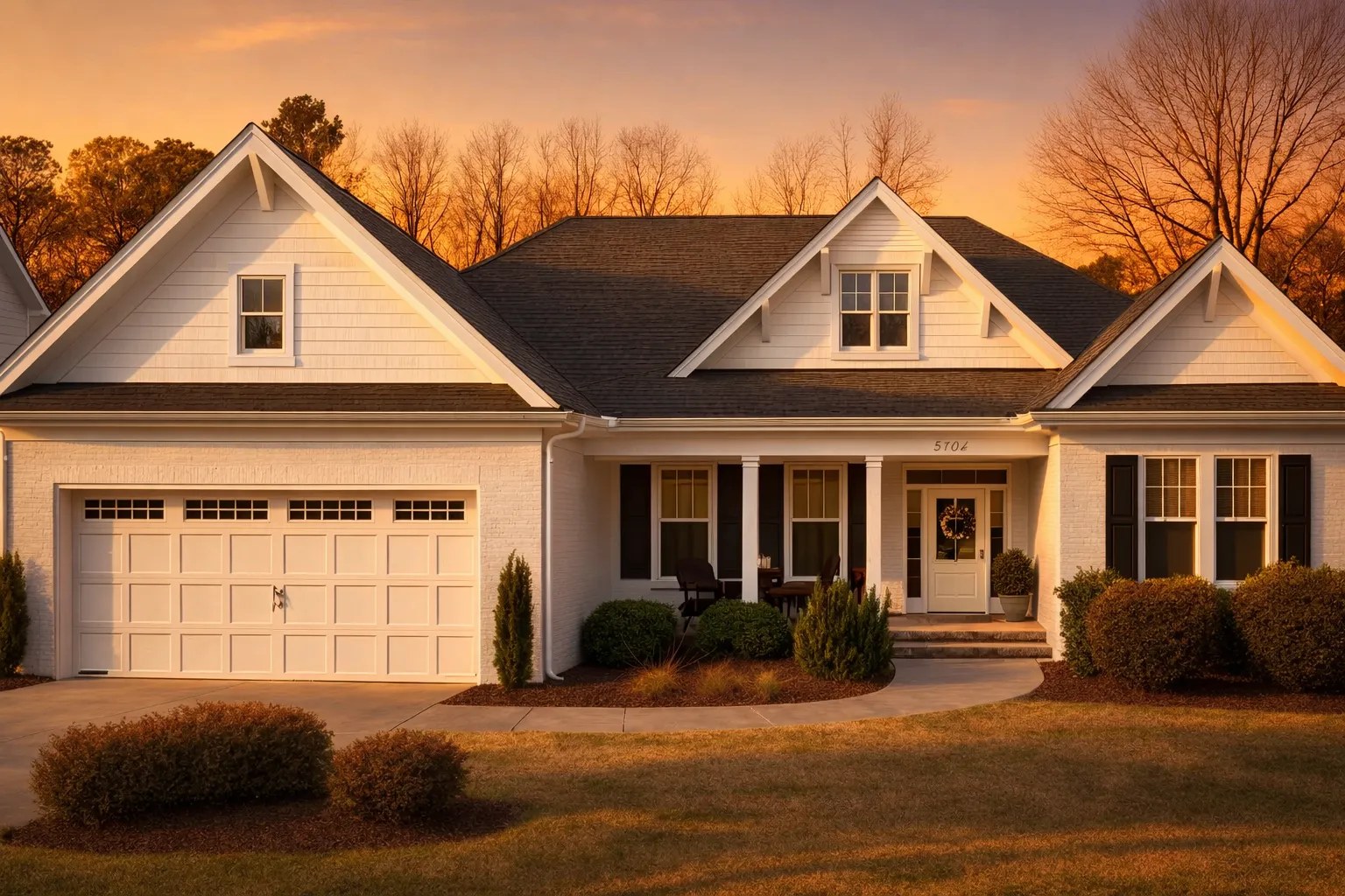 Front elevation of a Southern Farmhouse style home featuring board and batten siding, gabled rooflines, attached garage, and a welcoming covered front porch