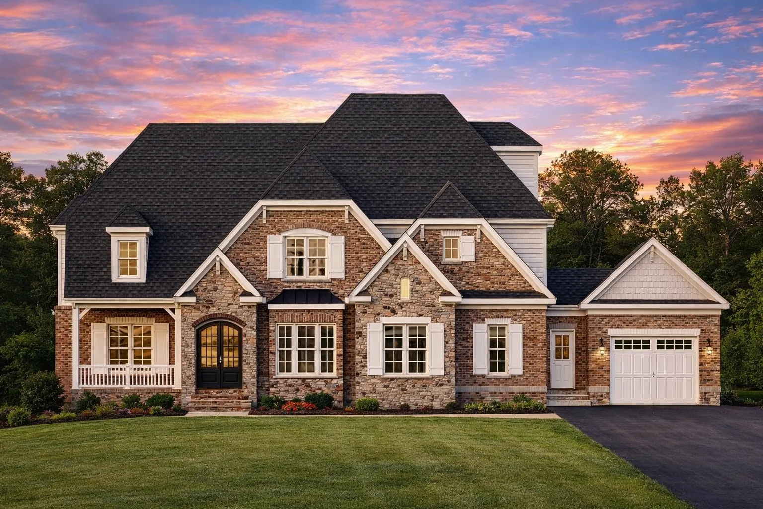 Front elevation of a New American style home with brick exterior, symmetrical gables, multi-pane windows, and attached garage