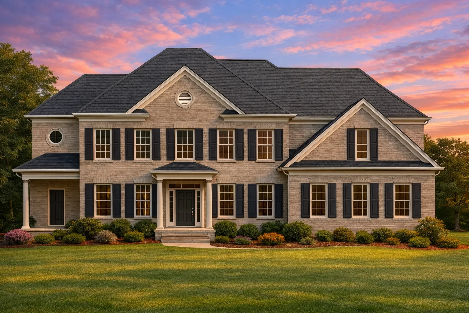 Front elevation of a Traditional Colonial style brick home with symmetrical windows, central entry, and classic shutters