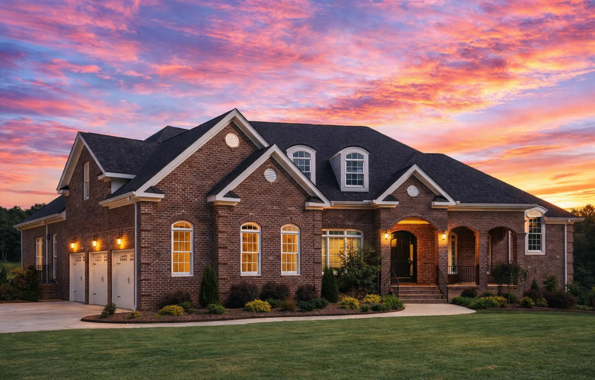 Front exterior view of a traditional Georgian Colonial brick home with symmetrical windows, dormers, and arched entry
