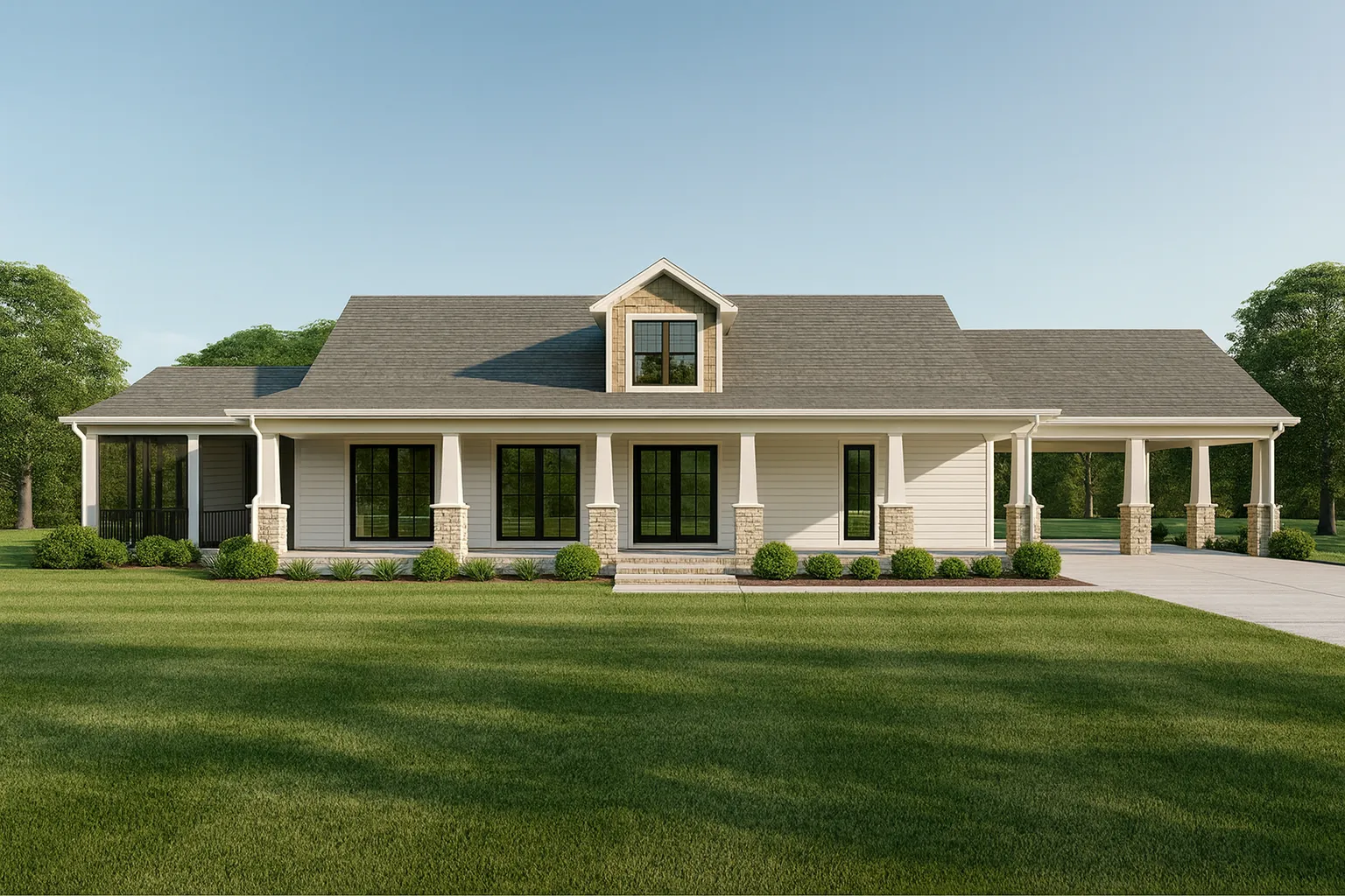 Front view of Southern Farmhouse style home featuring stone veneer, horizontal siding, gabled roof, and full-width covered porch