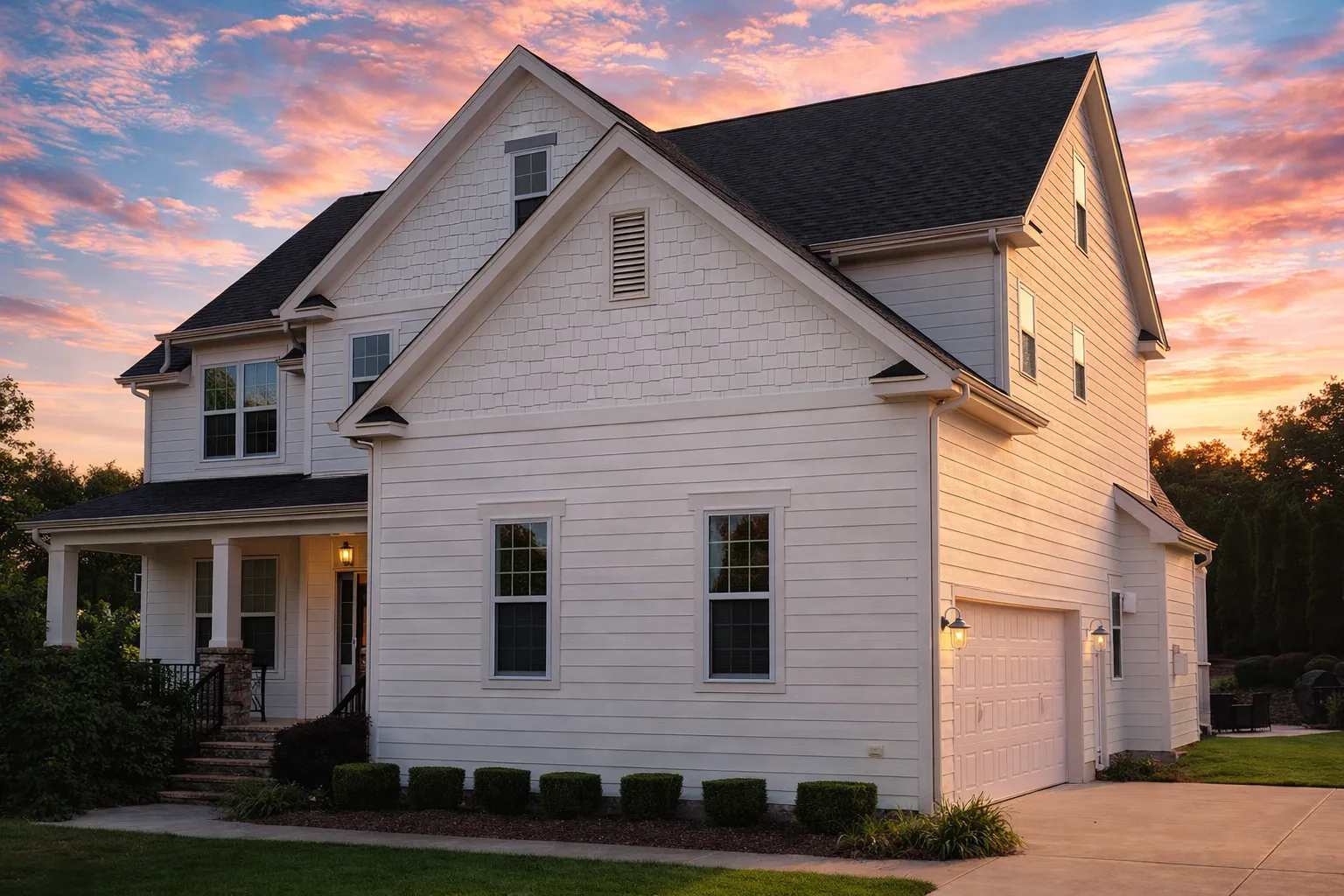 Front elevation of a New American style two-story home featuring horizontal siding, shingle accents, stone base, and covered front porch