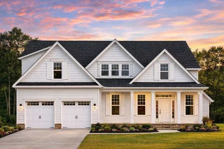 Front elevation of a New American style home featuring brick exterior, green shake siding, gabled rooflines, and a covered front porch