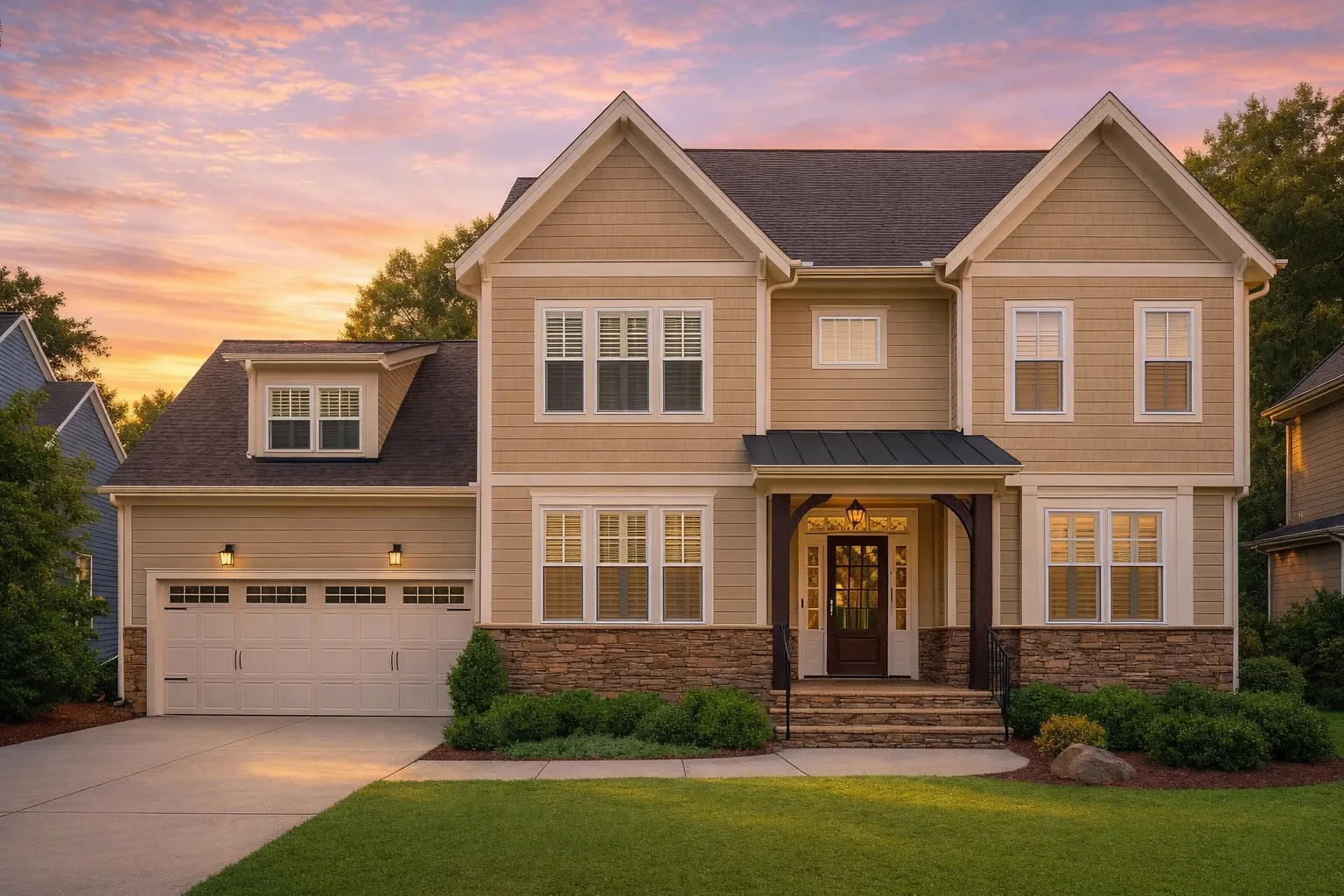 Front elevation of Neo-Colonial style two-story house with horizontal lap siding, brick wainscot, symmetrical windows, and covered entry porch