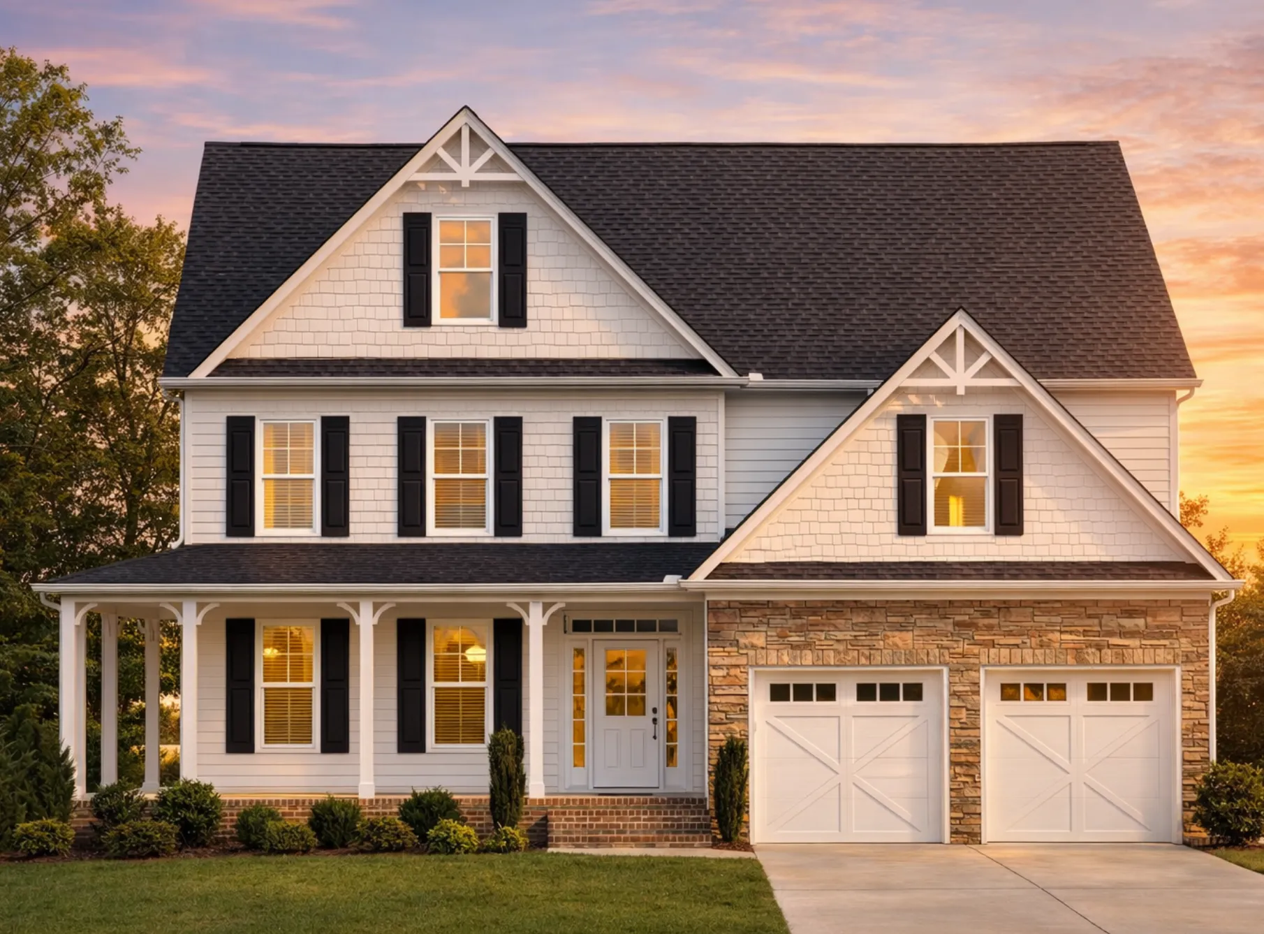 Front elevation of a New American modern traditional house with stone veneer, horizontal siding, board and batten accents, covered porch, and attached two car garage
