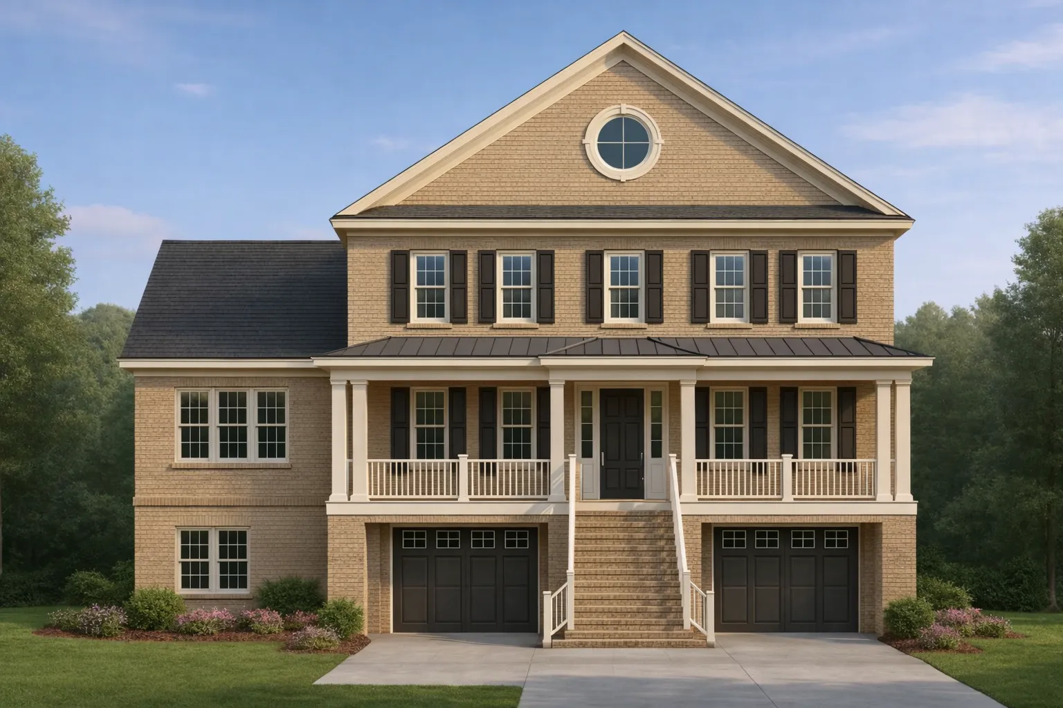 Southwestern House Plans 17 Front elevation of a Traditional Colonial brick home with raised porch, symmetrical windows, and double garage below