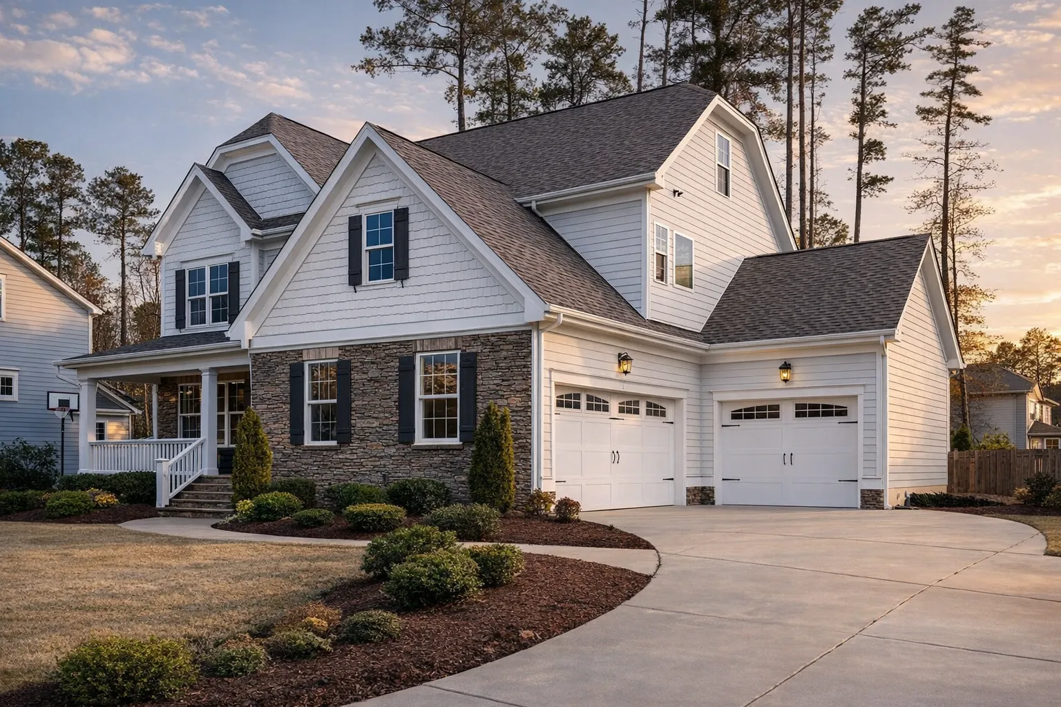 Front elevation of a Traditional Craftsman Farmhouse featuring stone accents, lap siding, shake gables, and warm wooden shutters for timeless curb appeal