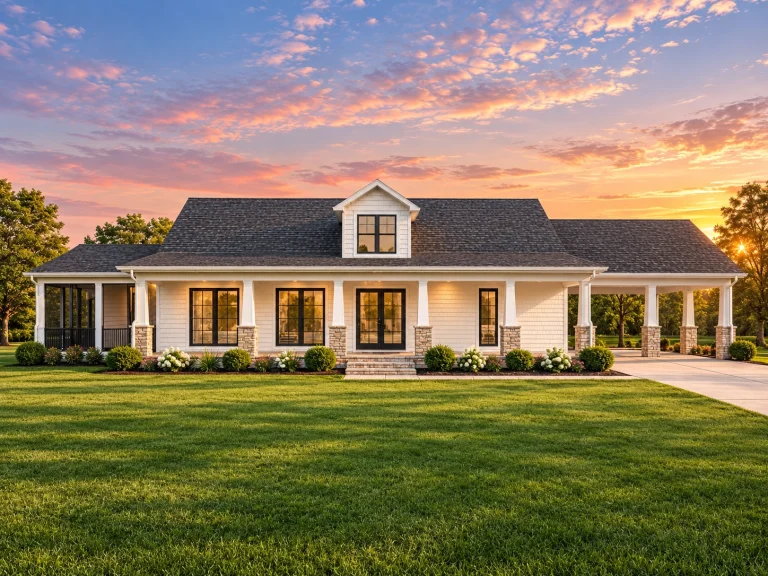 Contemporary House Plans 14 Front view of Southern Farmhouse style home featuring stone veneer, horizontal siding, gabled roof, and full-width covered porch