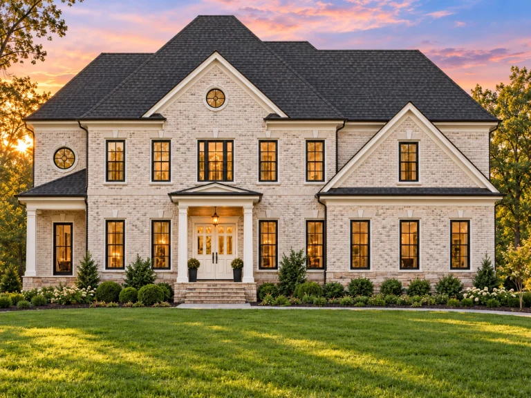 Front elevation of a Traditional Colonial style brick home with symmetrical windows, central entry, and classic shutters