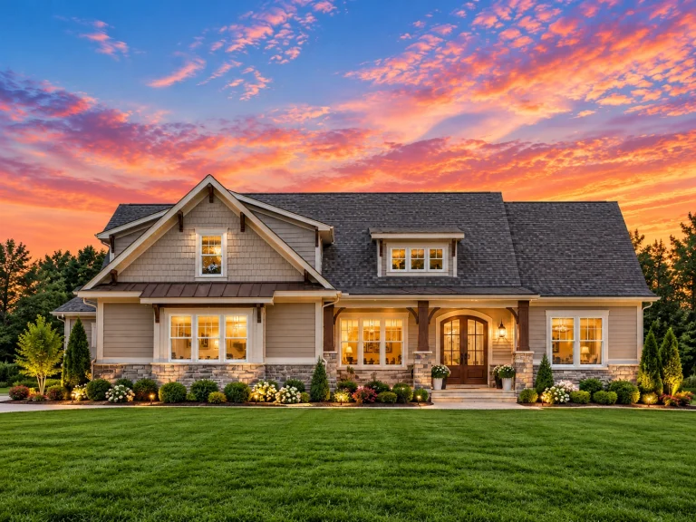 Front elevation of a Cape Cod style home with Craftsman influences, horizontal siding, shingle accents, stone base, and a welcoming covered porch