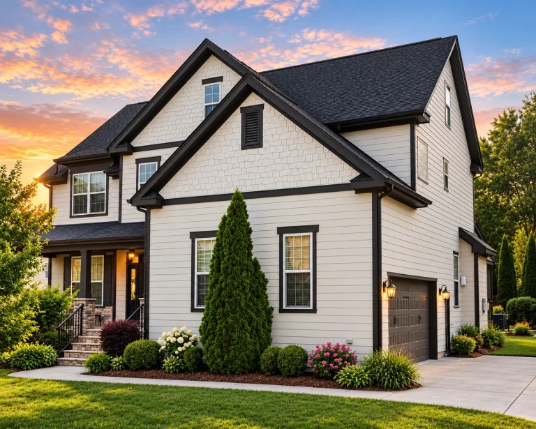 Front elevation of a New American style two-story home featuring horizontal siding, shingle accents, stone base, and covered front porch
