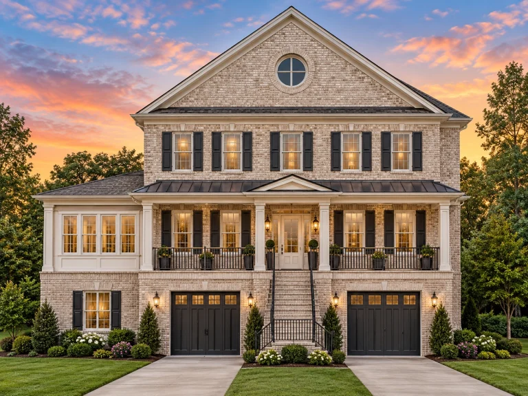 Front elevation of Traditional Colonial house with lap siding, brick foundation, double front porch, and symmetrical facade
