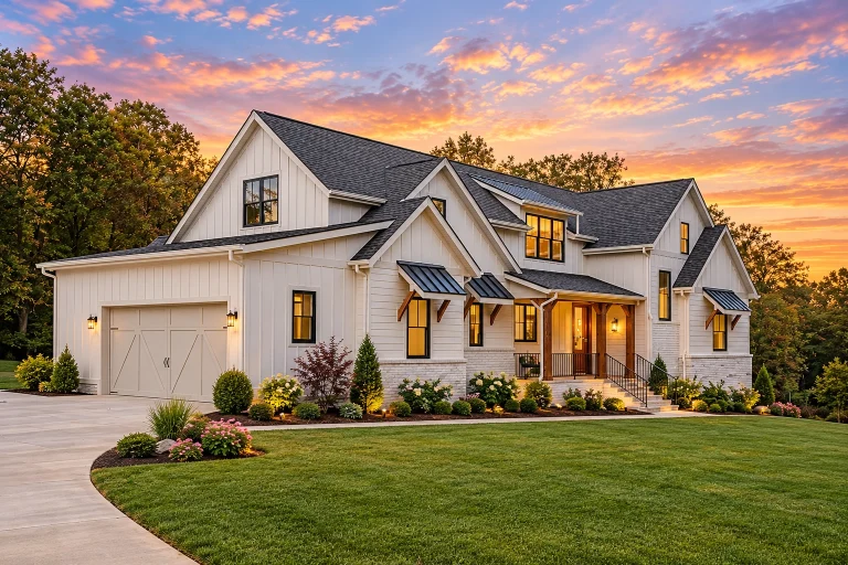 Front exterior of a Modern Farmhouse style home with white board and batten siding, black windows, covered porch, and attached garage at sunset