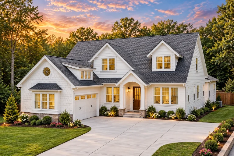 Front exterior view of a Modern Farmhouse New American style home featuring white board and batten siding, gabled rooflines, and an elegant covered entry