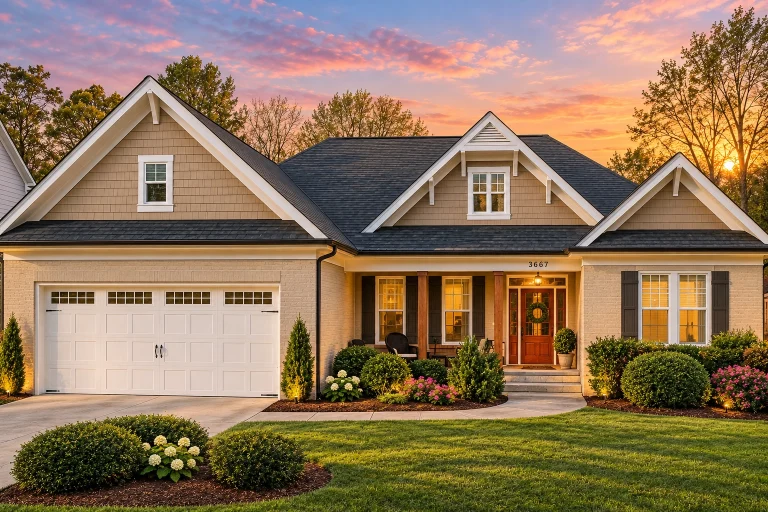 Front elevation of a Southern Farmhouse style home featuring board and batten siding, gabled rooflines, attached garage, and a welcoming covered front porch
