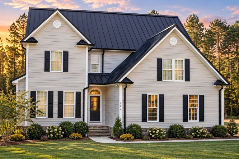 House Plans with Recreation Room 14 Front elevation of a Traditional Colonial home with New American design influence featuring a mix of horizontal siding and shingle accents, symmetrical windows, and gabled rooflines.