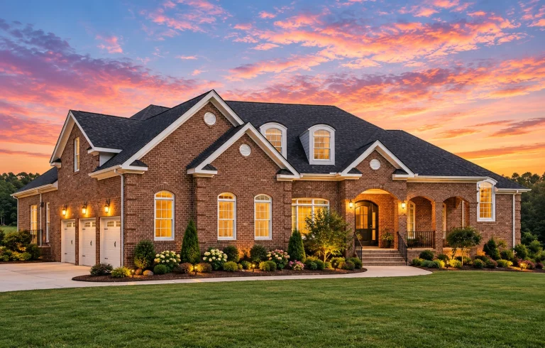 Front exterior view of a traditional Georgian Colonial brick home with symmetrical windows, dormers, and arched entry