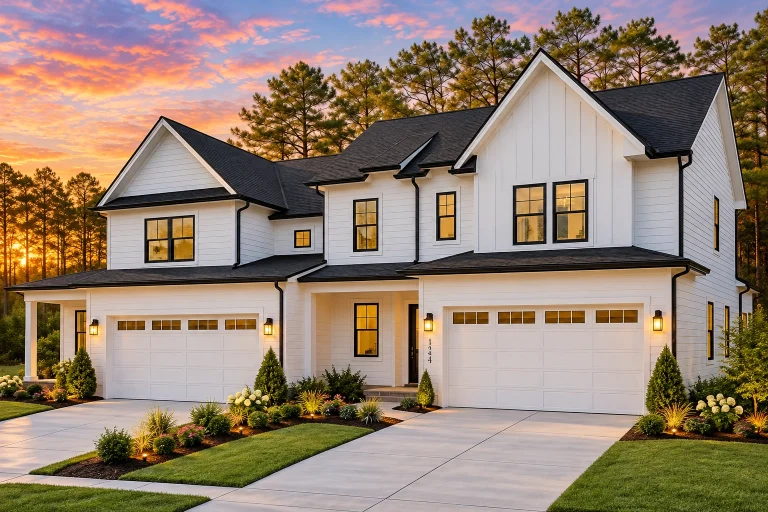 Front elevation of a modern farmhouse style home with white board-and-batten siding, black windows, twin garages, and a covered porch