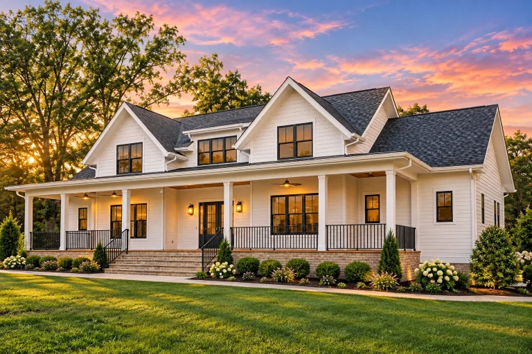 Contemporary House Plans 18 Front elevation of a Cape Cod style house featuring horizontal lap siding, symmetrical dormers, covered front porch, and traditional detailing