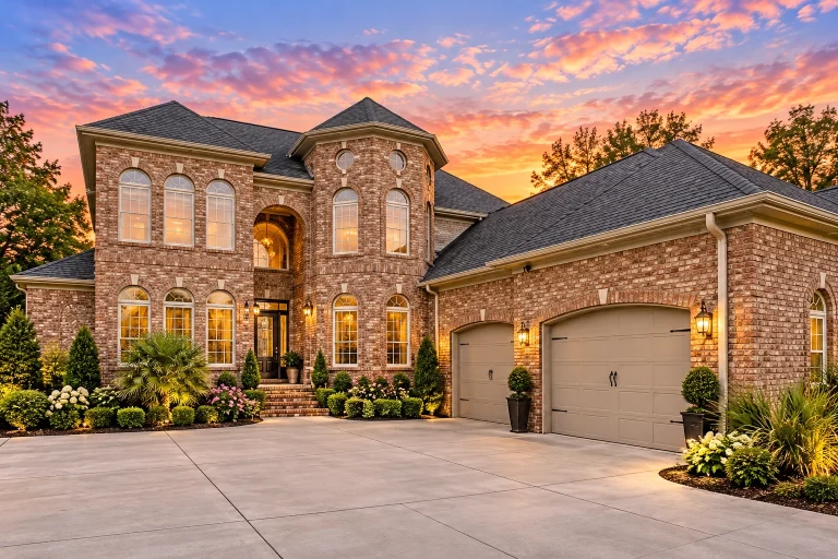 Contemporary House Plans 17 Front exterior view of a traditional brick Colonial home with Georgian symmetry, arched windows, and attached garage at sunset