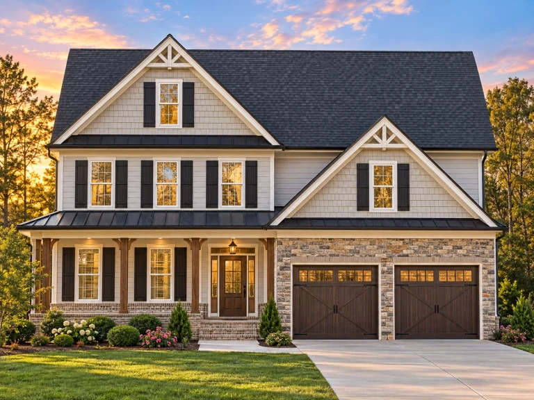 Craftsman House Plans 4 Front elevation of a New American modern traditional house with stone veneer, horizontal siding, board and batten accents, covered porch, and attached two car garage
