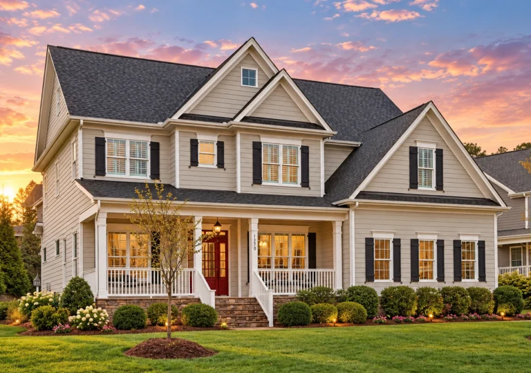 Front elevation of a Shingle Style Coastal Traditional home with gray cedar shingles, yellow shutters, gabled rooflines, and a welcoming covered front porch