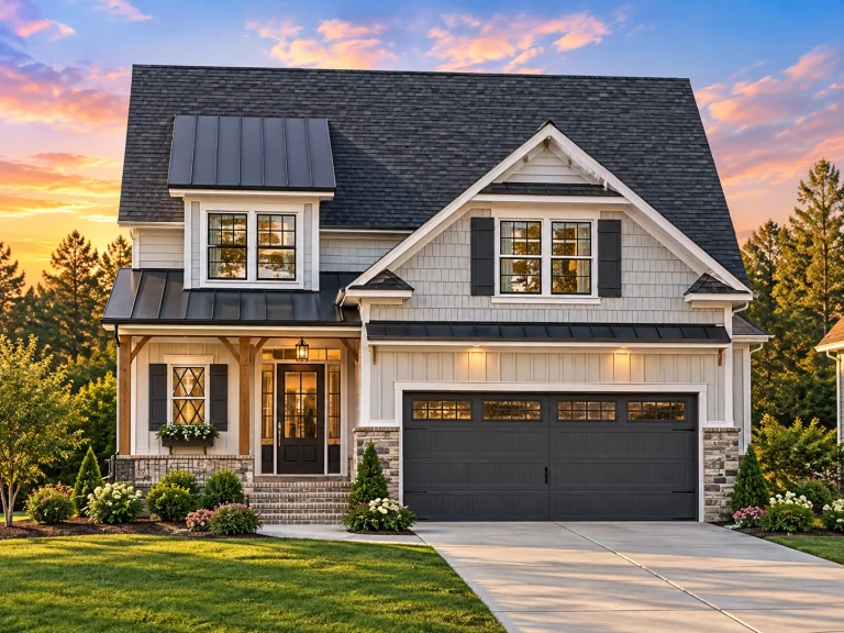House Plans with Recreation Room 20 Front elevation of a Traditional Modern Farmhouse featuring stone facade, board-and-batten siding, and two-car garage with dark doors