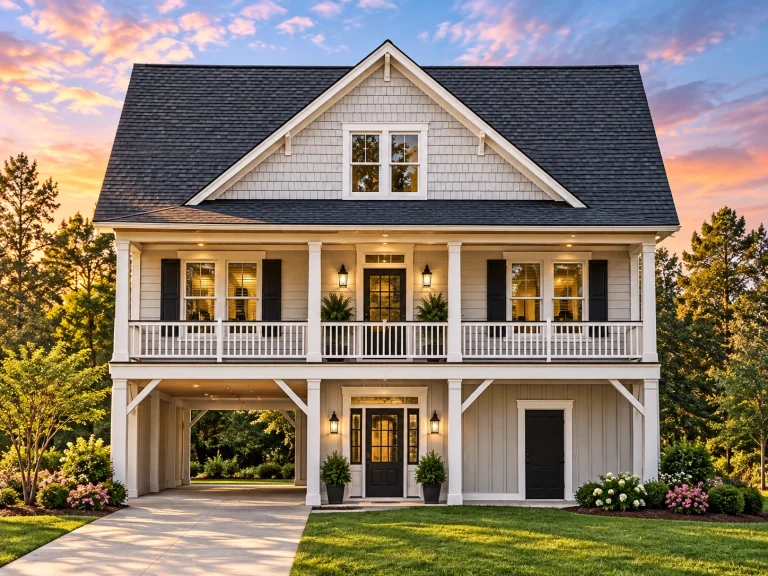 Contemporary House Plans 6 Front elevation of a Traditional Colonial home featuring horizontal siding, shingle gable detailing, symmetrical windows, and a covered entry