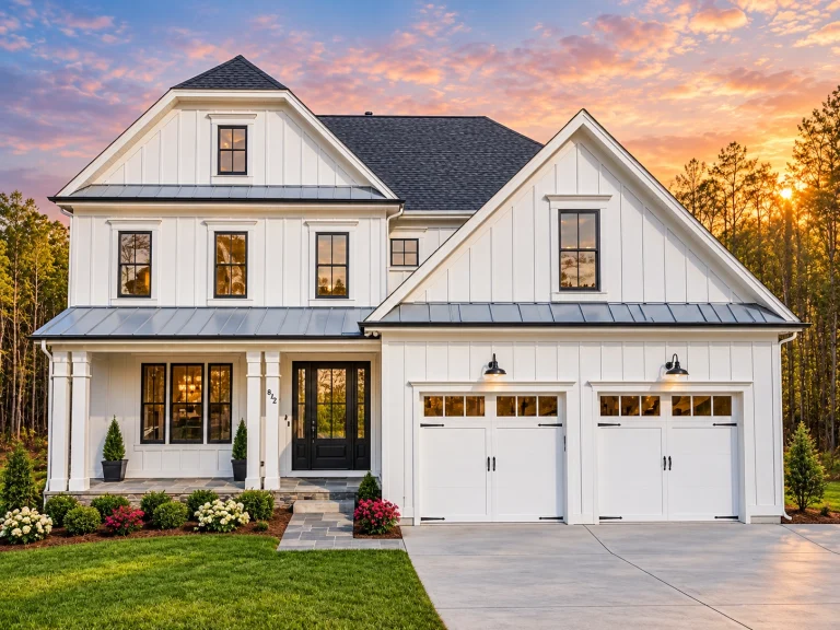 Front exterior of a New American style home with horizontal siding, board and batten accents, symmetrical façade, and double garage